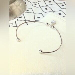 Sterling Silver 925 Open Cuff Bracelet Heart Clear Stone Minimalist